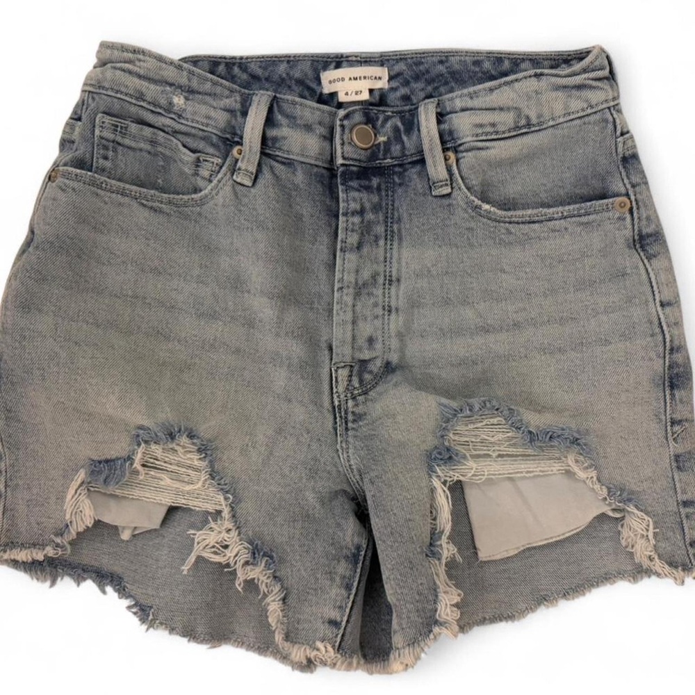 Good American Women's Ripped Jean Shorts - Light Blue
